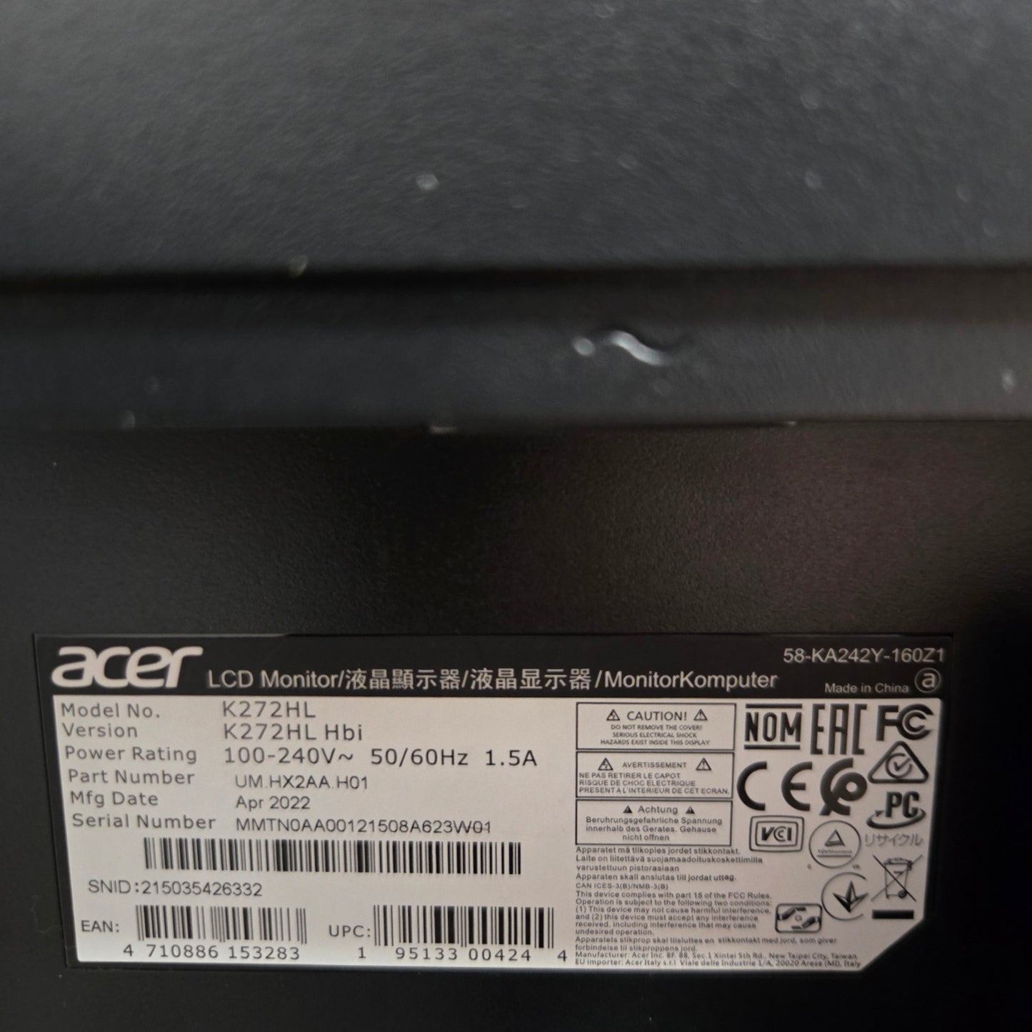Acer 27" K272HL FHD LCD IPS Display Monitor